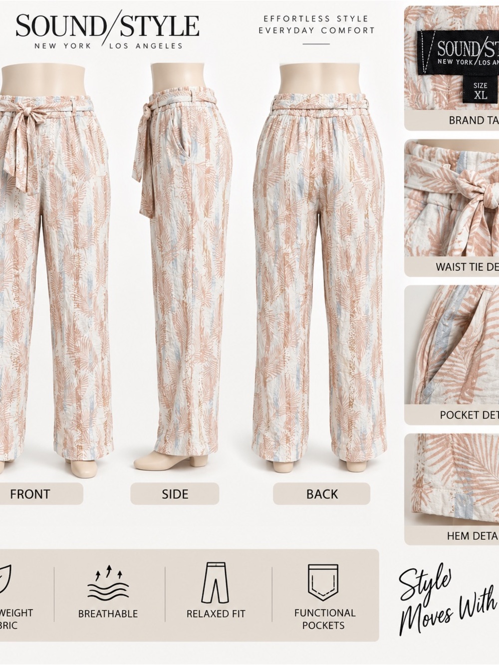 Women's Wide-Leg Paperbag Pants in Beige Leaf Print